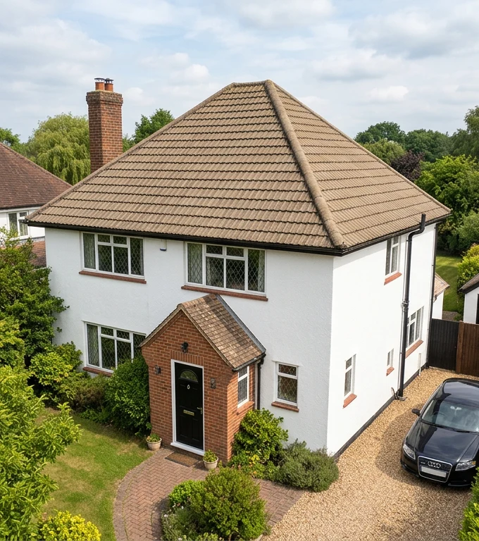 Different illustrative white rendered home with faded brown concrete roof tiles