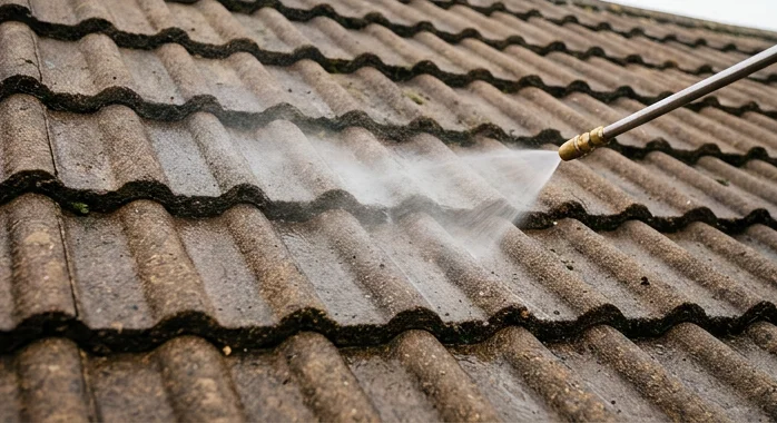 Illustrative treatment spray being applied to concrete roof tiles