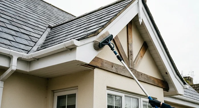 Illustrative soft brush washing a timber-detailed home’s white fascia