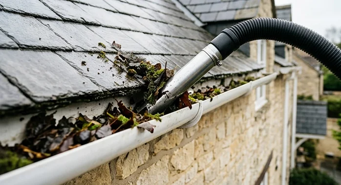 Illustrative vacuum nozzle clearing leaves from a stone home’s gutter