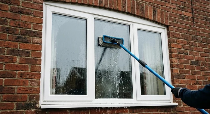 Illustrative water-fed brush cleaning a red brick home’s window
