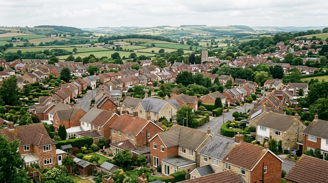 Illustrative North Dorset-inspired residential rooflines among mature gardens and inland countryside, not a verified Gillingham address