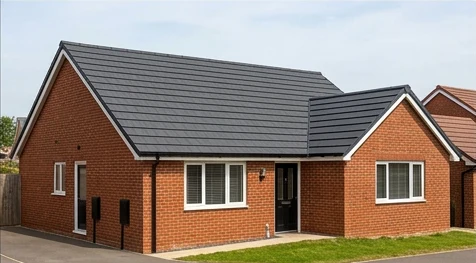 Different illustrative brick bungalow with a uniform charcoal mineral-tile roof