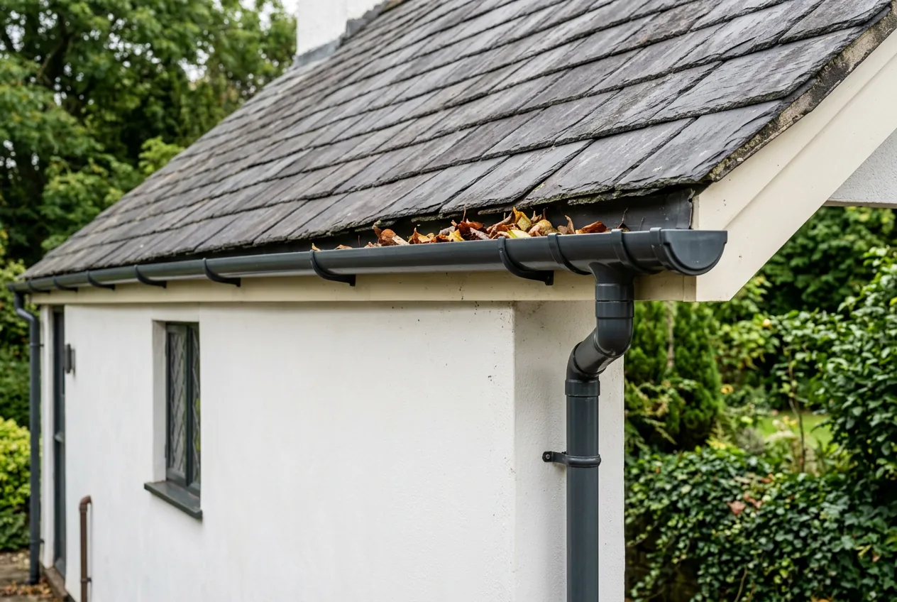 Illustrative cottage gutter with accumulated leaves and a connected downpipe