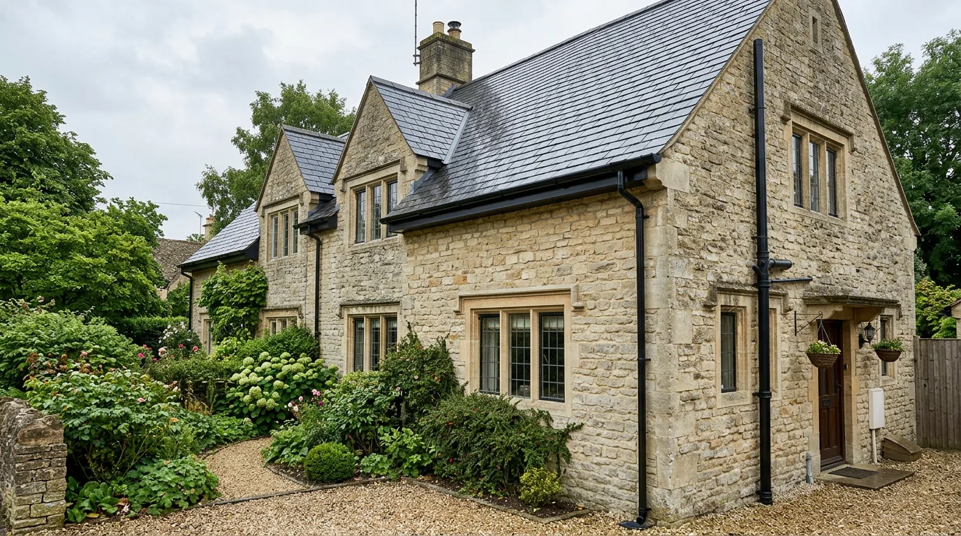 Illustrative stone British home with black guttering and slate roofline