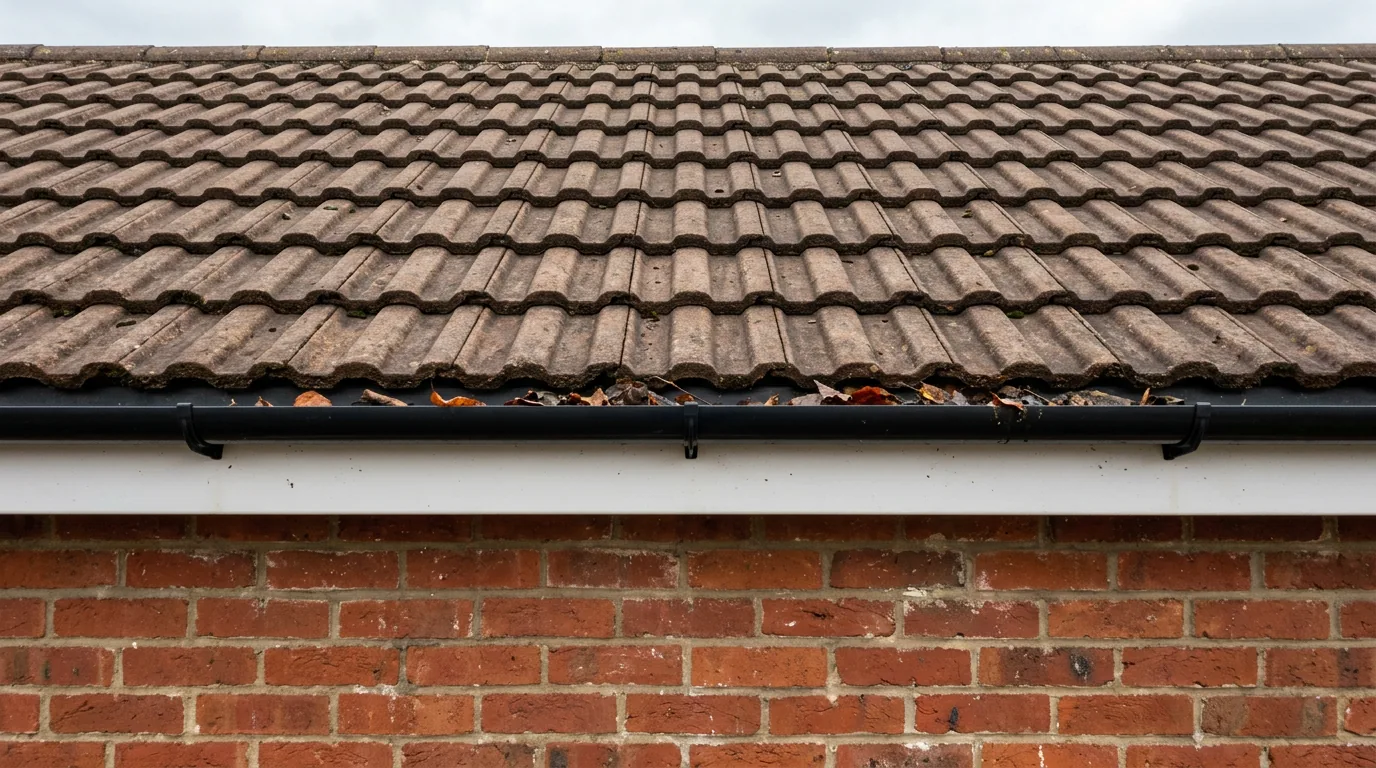 Illustrative intact gutter on a brick home containing autumn leaves and moss