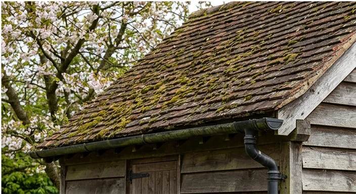 Illustrative moss-covered roof showing a separate roof-cleaning concern