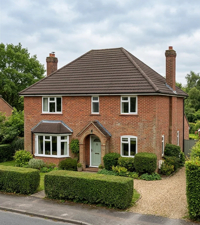 Illustrative red brick house with moss removed from brown tiles