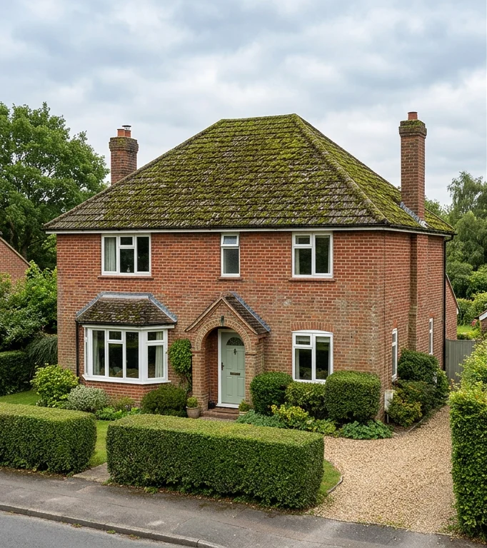 Same illustrative red brick house with moss-covered brown tiles