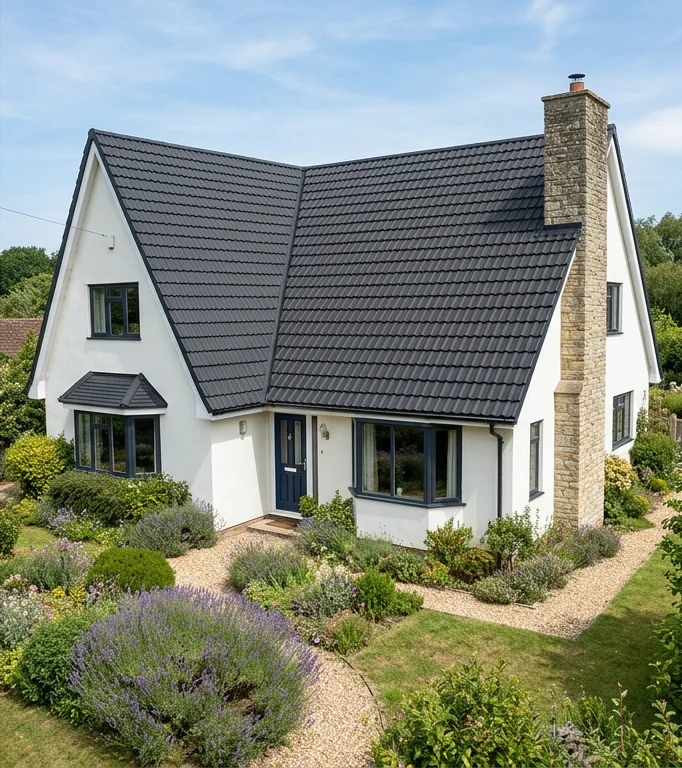 Illustrative white house with anthracite colour-restored roof tiles