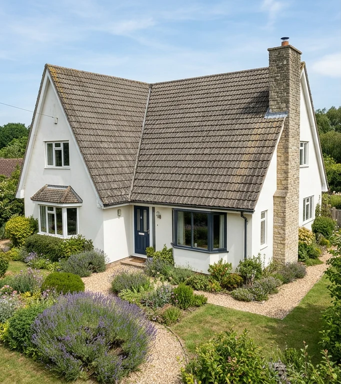 Same illustrative white house with faded grey-brown tiles before coating