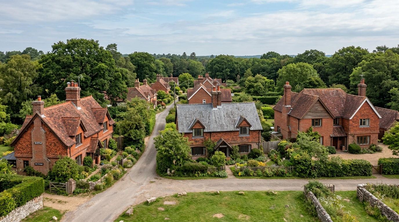 Illustrative Hampshire-inspired village rooflines and countryside