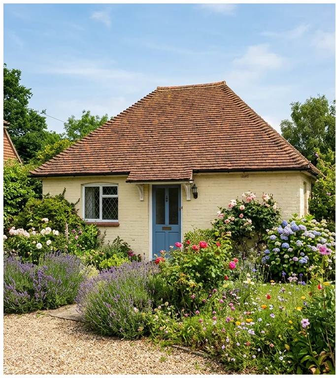 Illustrative pale brick bungalow with cleaned natural reddish-brown roof tiles