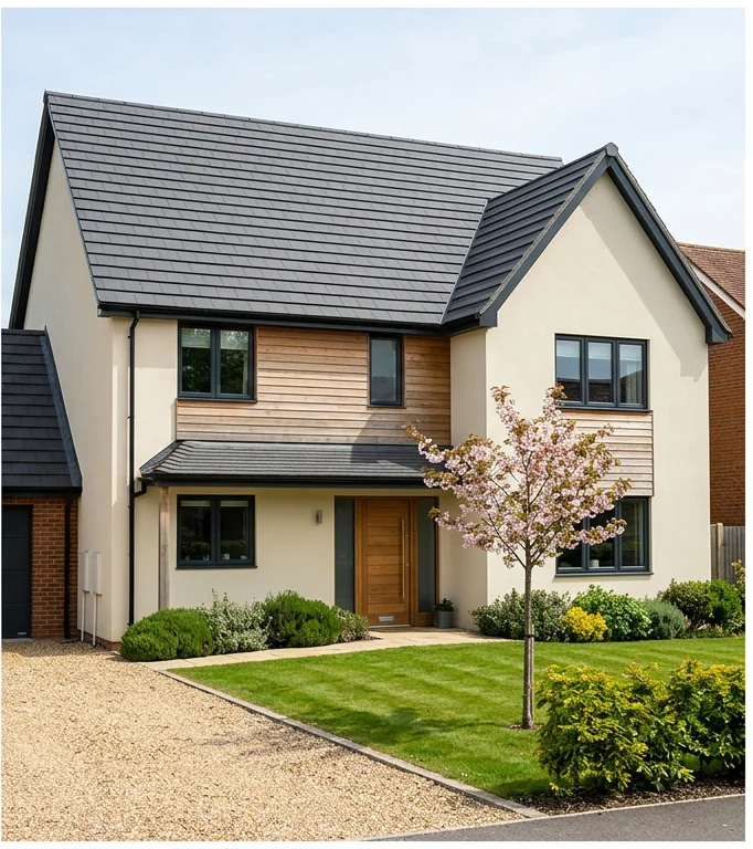 Different illustrative cream and timber home with a charcoal colour-coated tiled roof