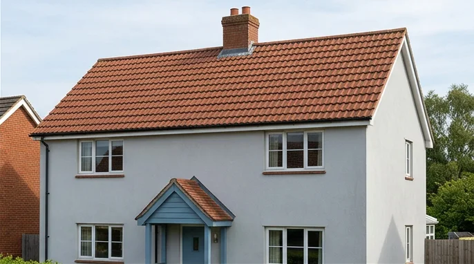 The same illustrative pale grey house after moss removal retaining the original reddish brown tile colour