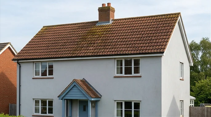 Illustrative pale grey rendered house with a blue porch and moss on reddish brown roof tiles