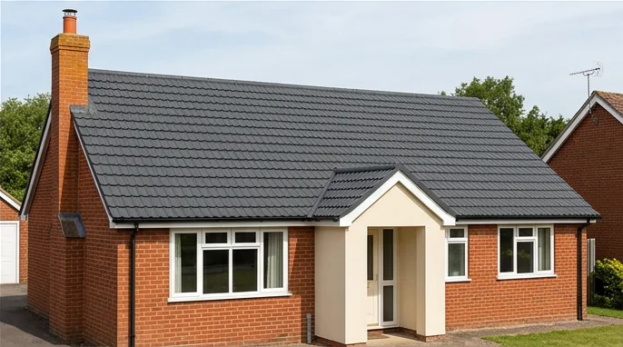 The same illustrative red brick bungalow with a refreshed matt charcoal roof-colour finish