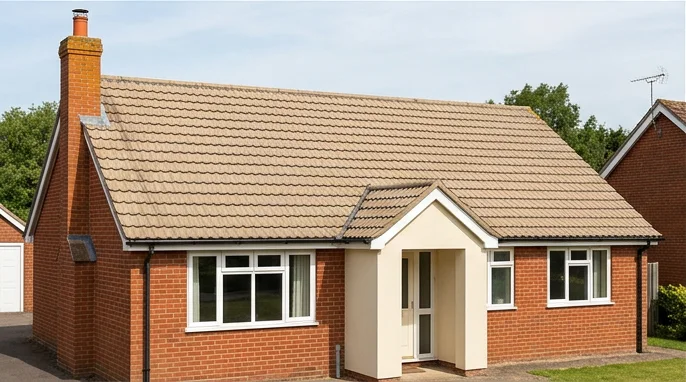 Different illustrative red brick bungalow with a cream porch and faded tan mineral roof tiles