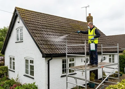 Illustrative biocide application from a scaffold platform at a separate white brick cottage