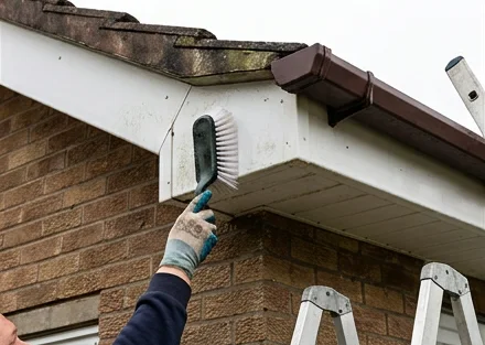 Illustrative brush washing white fascia and soffit on a different brown brick house