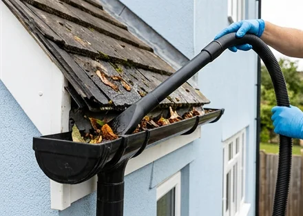 Illustrative vacuum clearing leaves from a separate pale blue house gutter