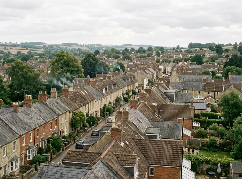 Illustrative Wiltshire-inspired market-town rooflines with brick and stone homes and leafy gardens
