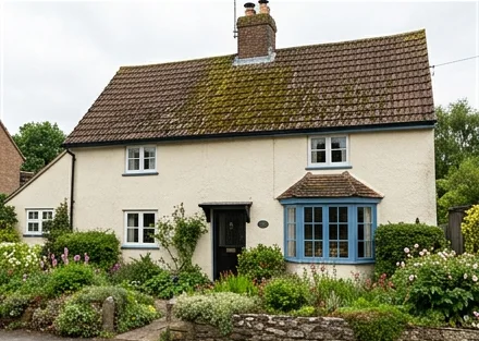 Illustrative cream cottage with a blue bay window and moss on brown roof tiles