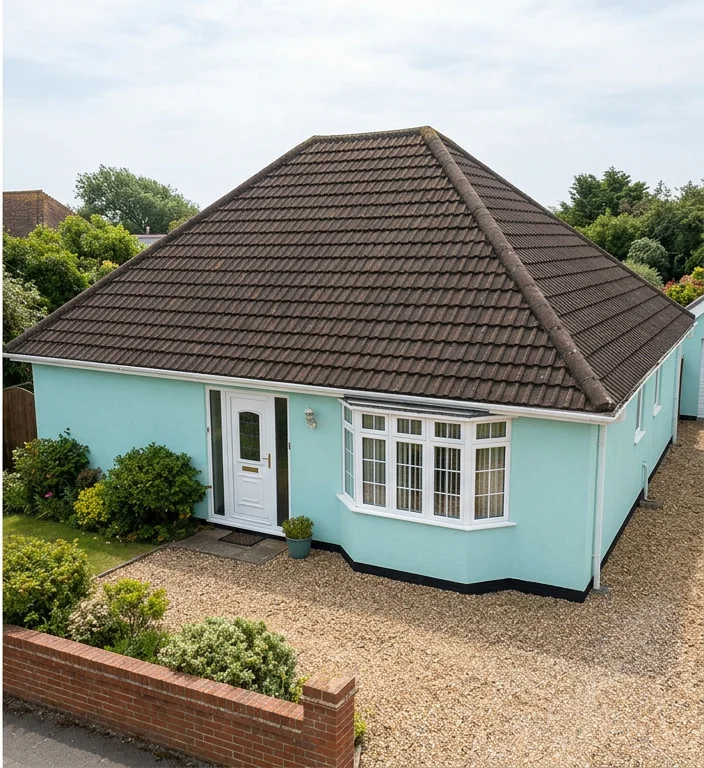 The same illustrative bungalow with moss removed and its existing weathered brown roof colour retained