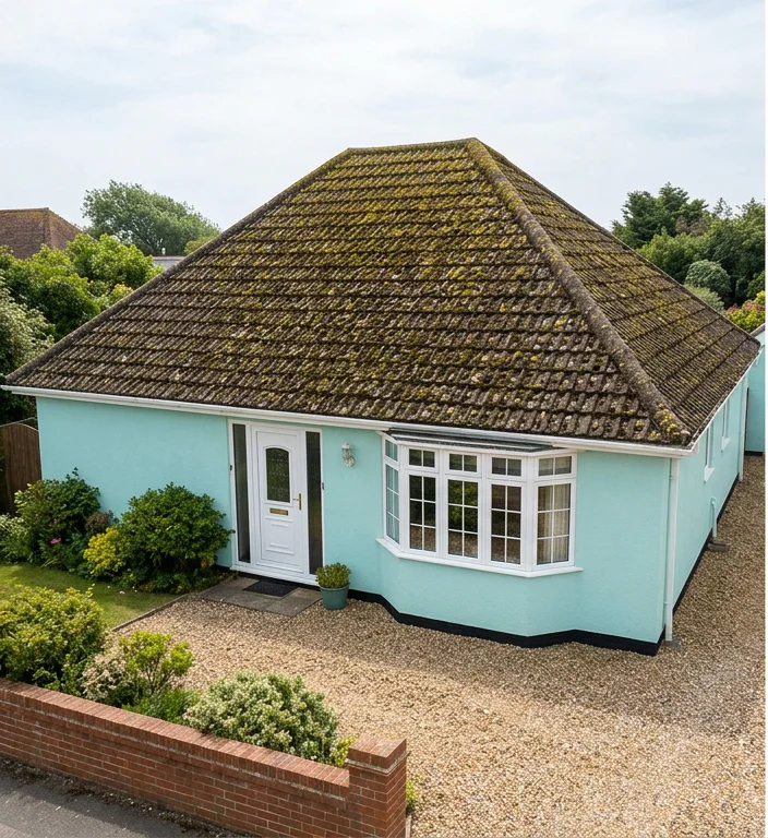 Illustrative pale turquoise bungalow with moss and algae covering brown concrete roof tiles