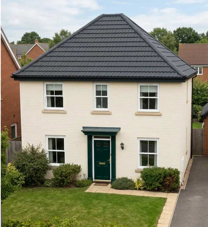 The same illustrative ivory brick house with a uniform matt charcoal-grey roof-colour finish