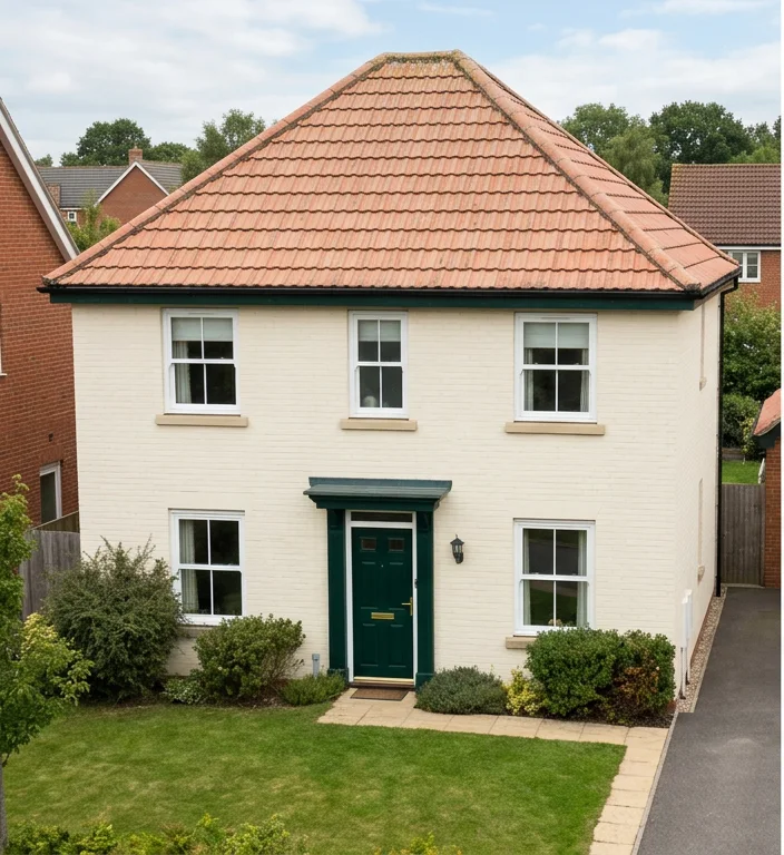 Different illustrative ivory brick house with faded pale orange mineral roof tiles