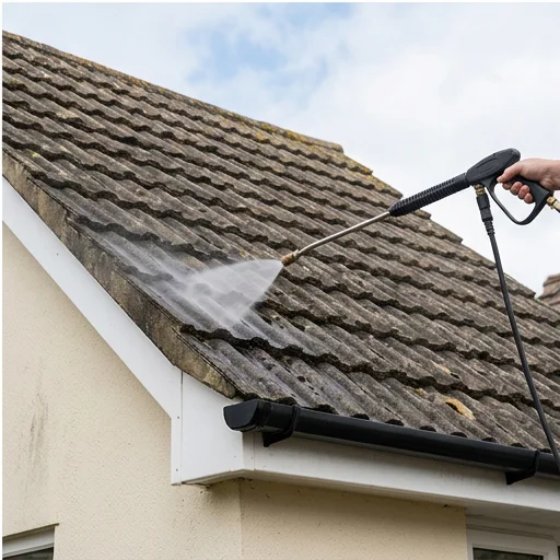 Illustrative controlled biocide application on grey roof tiles at another property