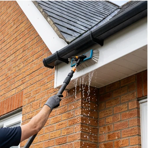 Illustrative brush washing white roofline boards on a different orange brick home