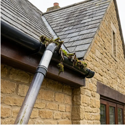 Illustrative gutter vacuum clearing black guttering on a separate stone bungalow