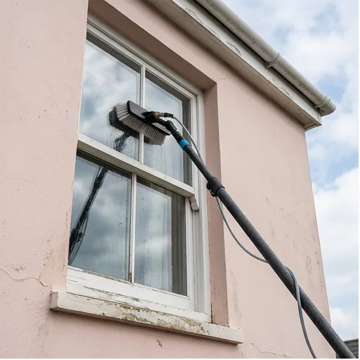 Illustrative water-fed brush washing a sash window on a pale pink rendered home