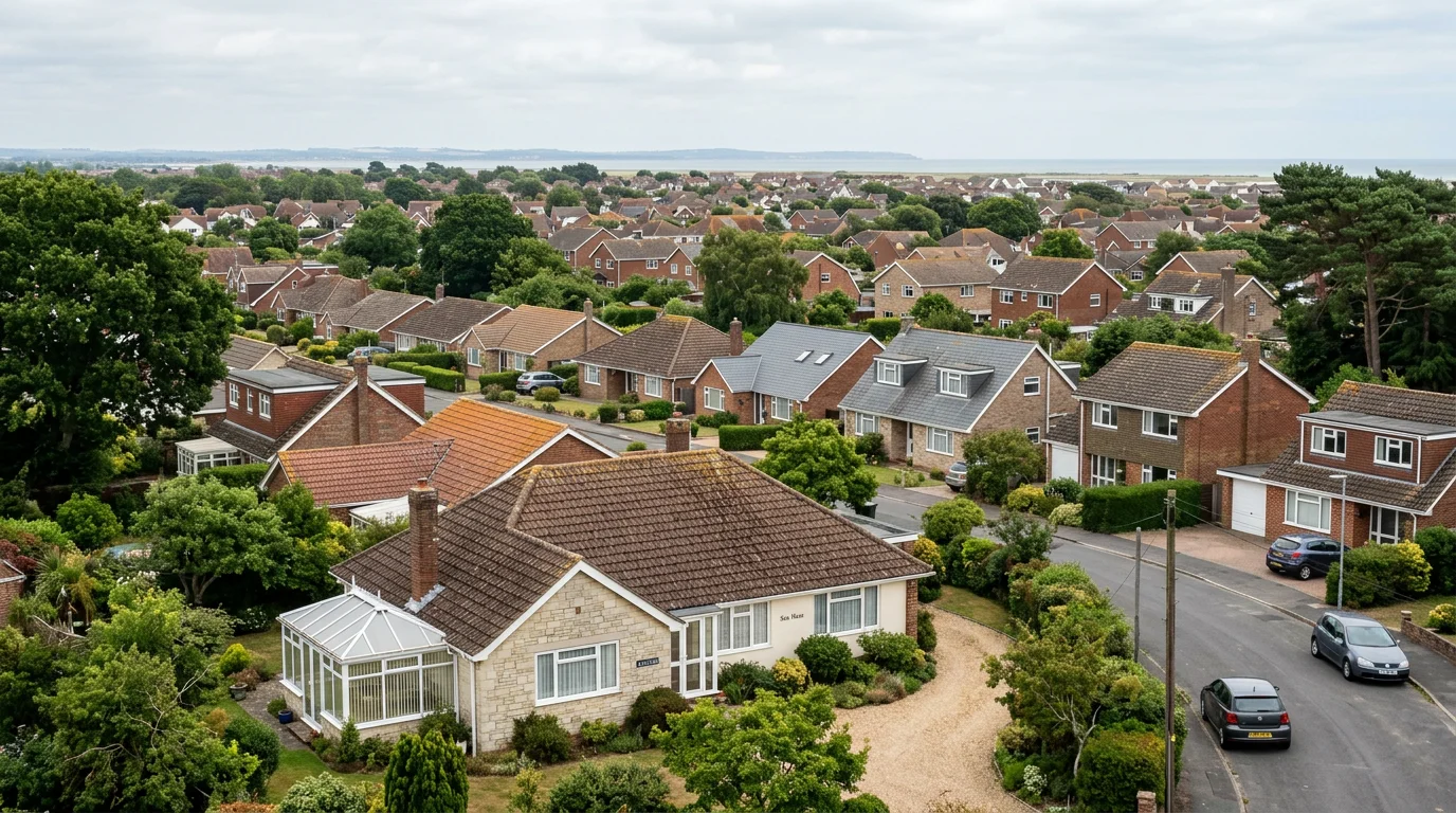 Illustrative mixed residential rooflines in a Hampshire-inspired coastal town with established gardens