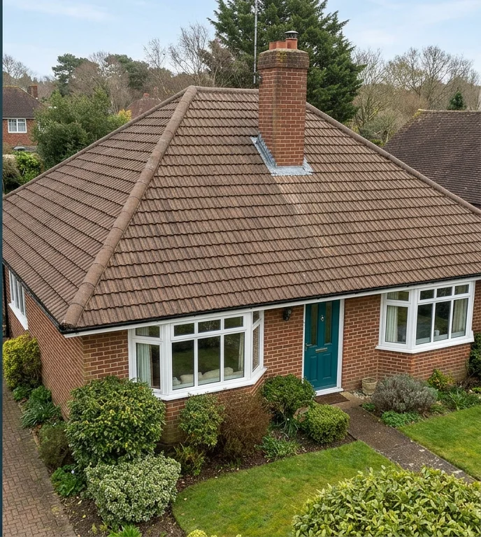 The same illustrative bungalow after moss removal, retaining its brown tile colour