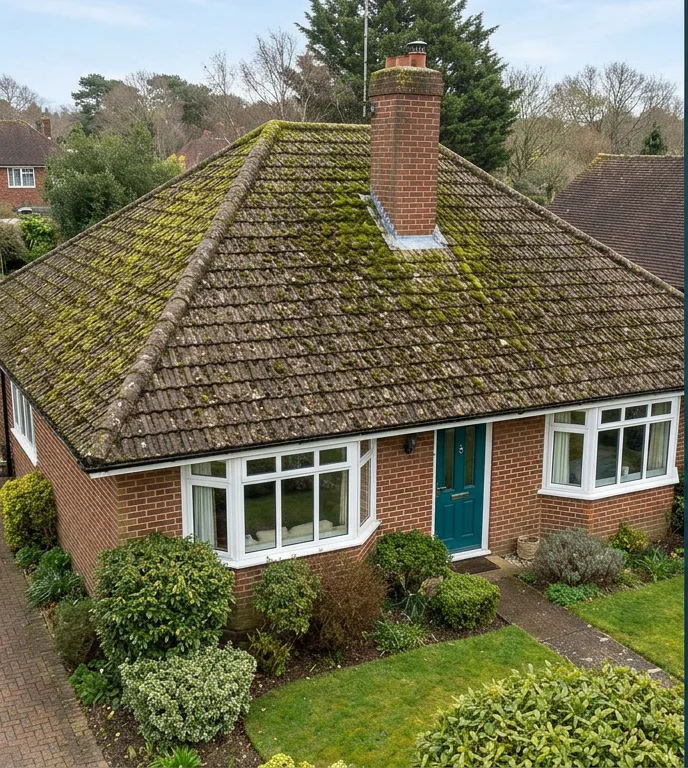 Illustrative bungalow with a teal door and moss-covered brown tiled roof