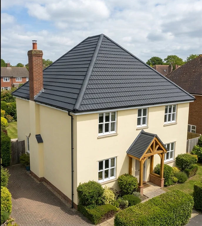 The same illustrative pale yellow home with a uniform charcoal roof coating