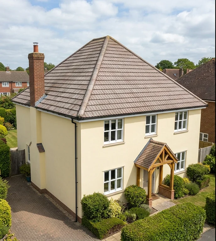 Illustrative pale yellow two-storey home with faded brown mineral roof tiles