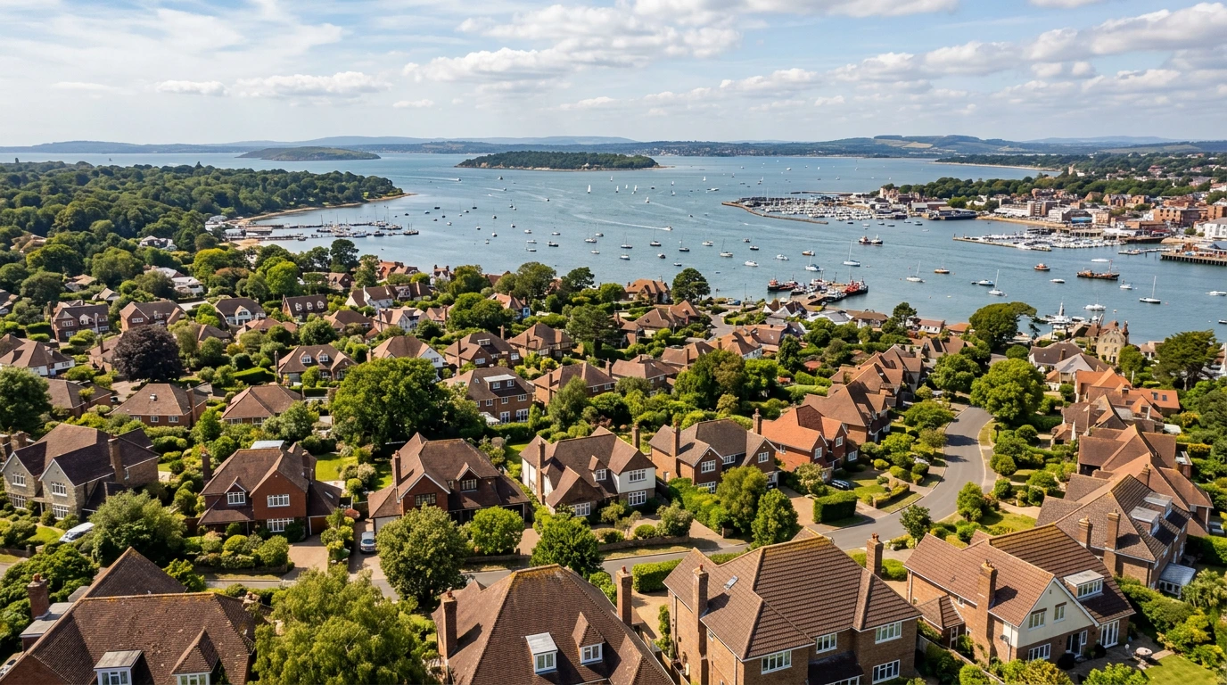 Illustrative harbour-side residential rooflines, coastal gardens and sailboats in a Poole-inspired setting