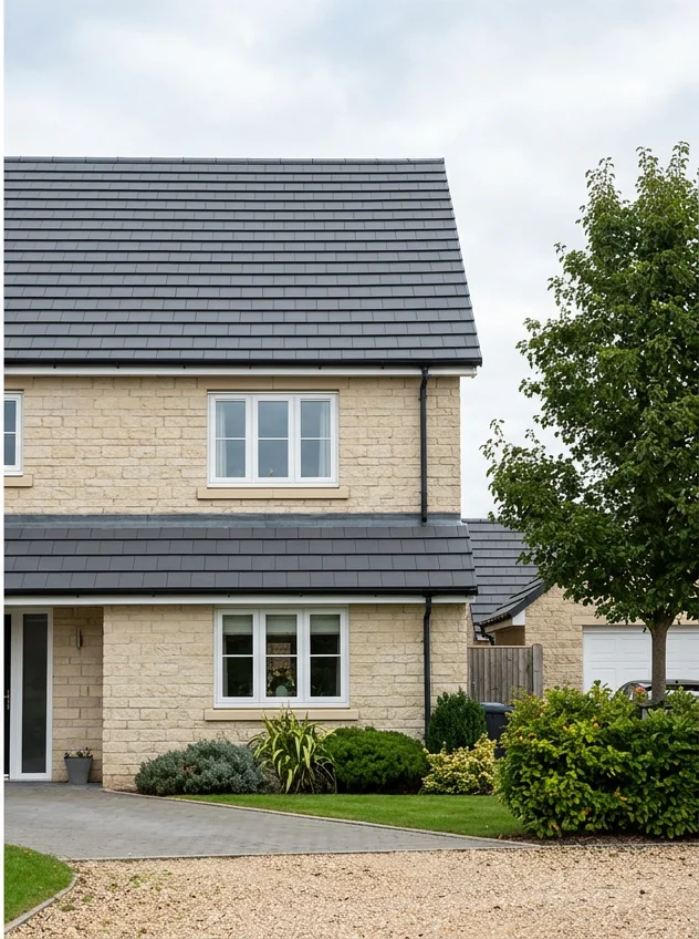 Different illustrative pale stone home with a uniform charcoal colour-coated tile roof