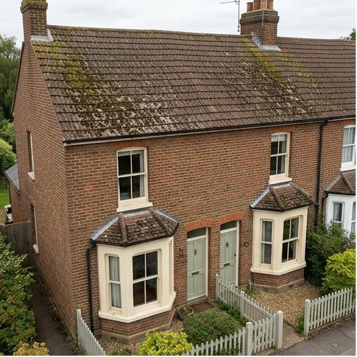 Illustrative red brick end terrace with moss and surface dirt on brown roof tiles