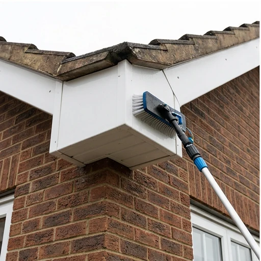 Illustrative water-fed brush washing white roofline boards on a separate brick property