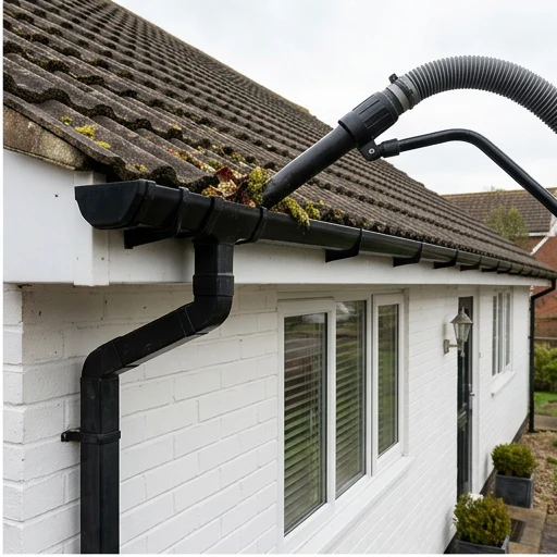 Illustrative gutter vacuum removing debris from a different white brick home