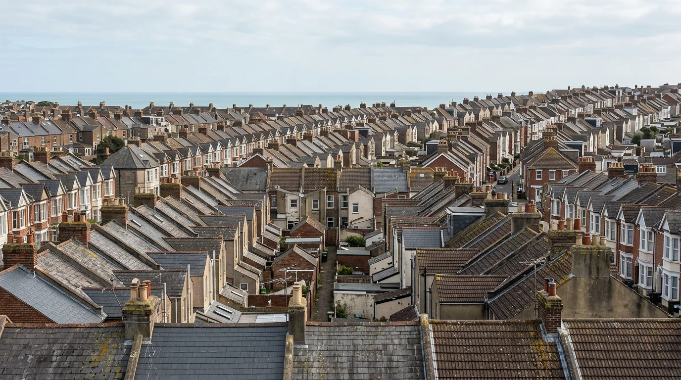 Illustrative Portsmouth-inspired terraced rooflines with varied clay and slate coverings, chimney pots and closely spaced homes