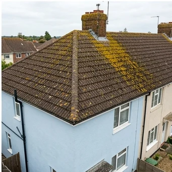 Illustrative blue-rendered end terrace with moss on brown roof tiles