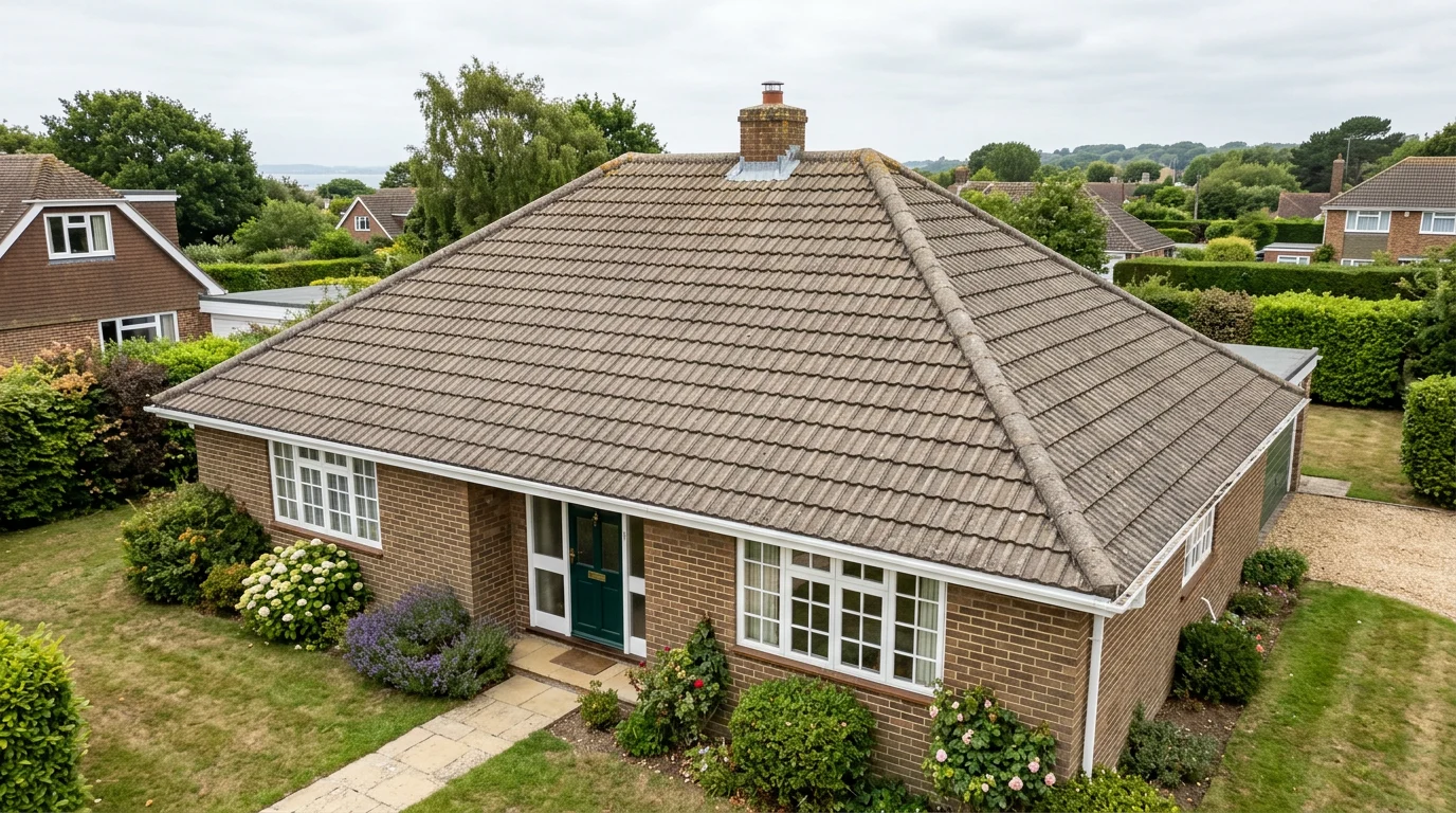 Different illustrative brown brick home with faded grey concrete mineral roof tiles