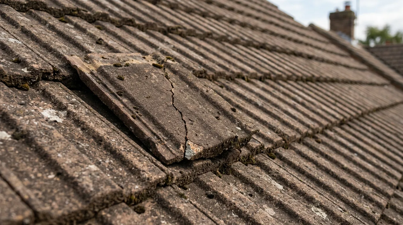 Illustration of a small crack and chipped corner in a brown roof tile