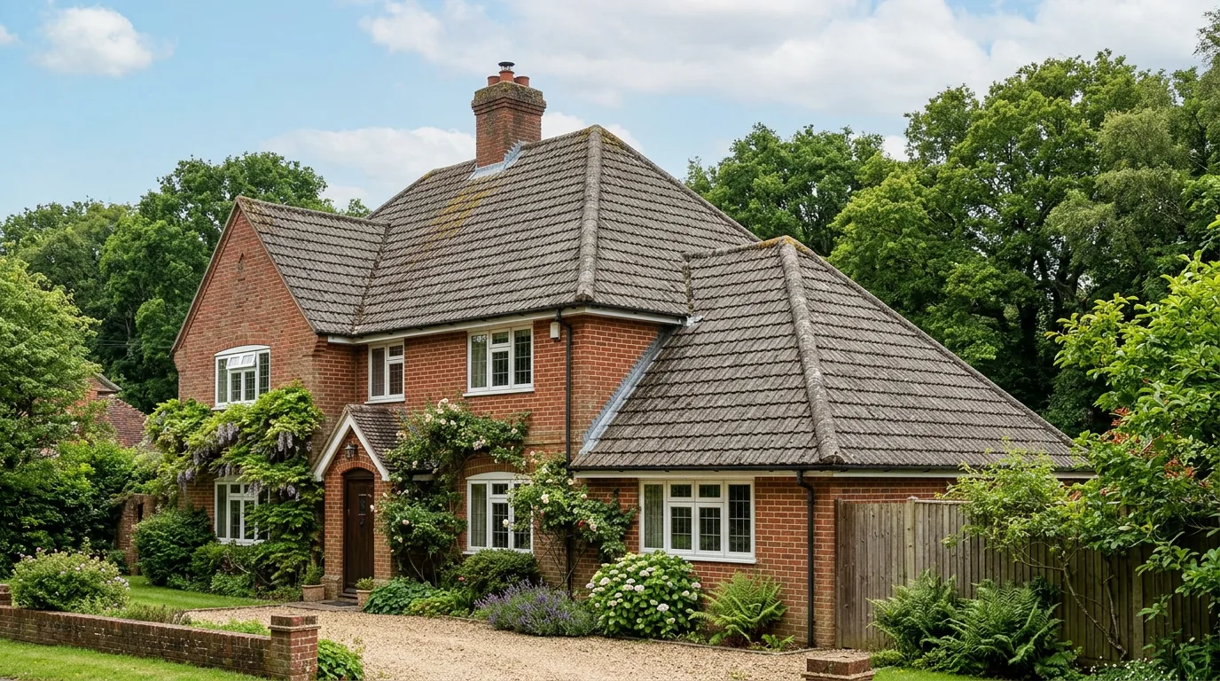 Illustrative grey tiled roof and chimney on a red-brick English home